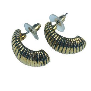 Half Hoop Vintage Pierced Post Earrings Womens Gold Tone Ridged Ribbed Textured